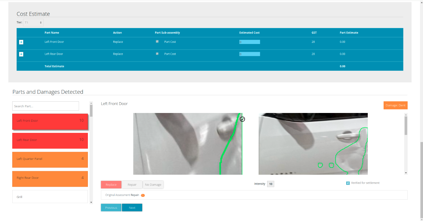 Cost estimation for detected parts & damages